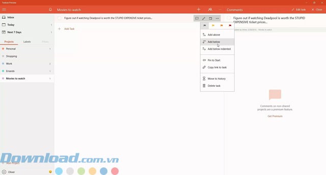 Lựa chọn thao tác với ứng dụng