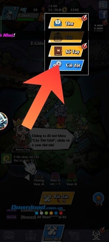 Chạm vào mục Cài đặt