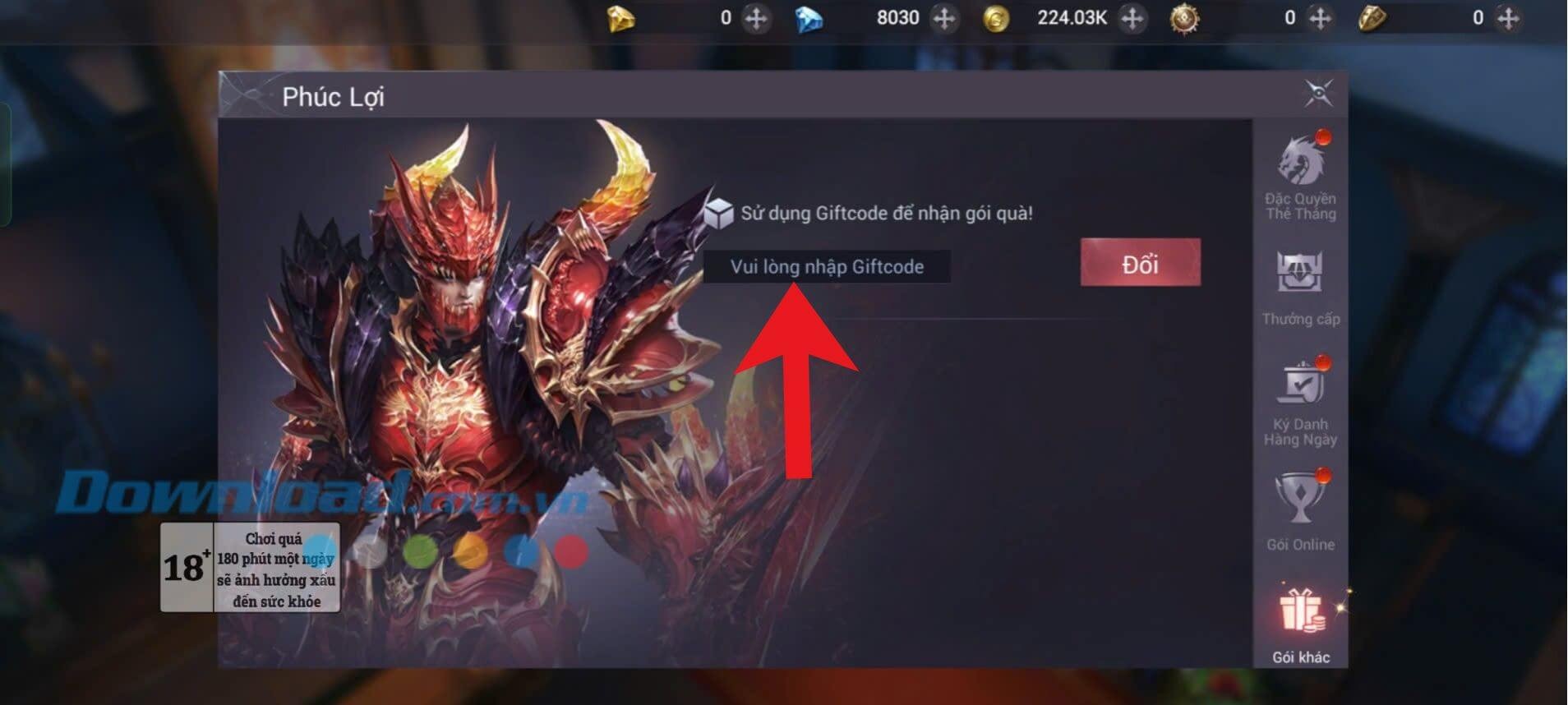 Nhập mã giftcode và chạm vào nút Gửi