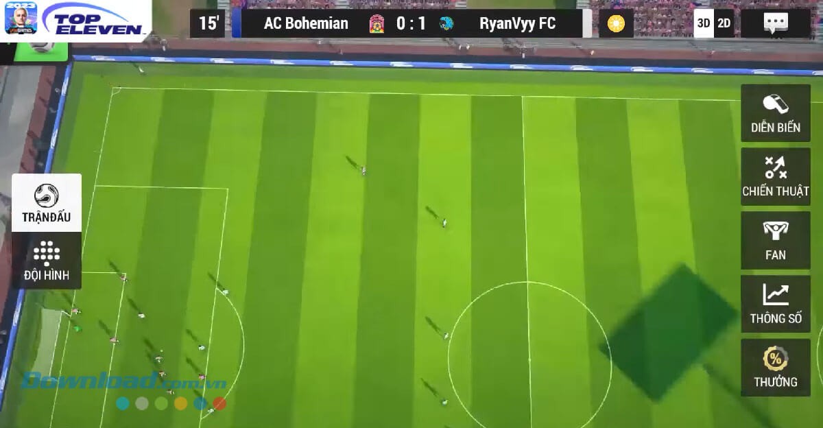 Giao diện chính trận đấu bóng trong game Top Eleven VNG