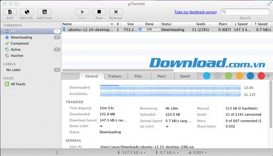 Giao diện uTorrent trên Mac OS X