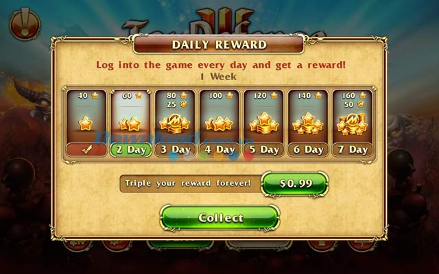 Nhận các giải thưởng mỗi ngày trong Toy Defense 3: Fantasy