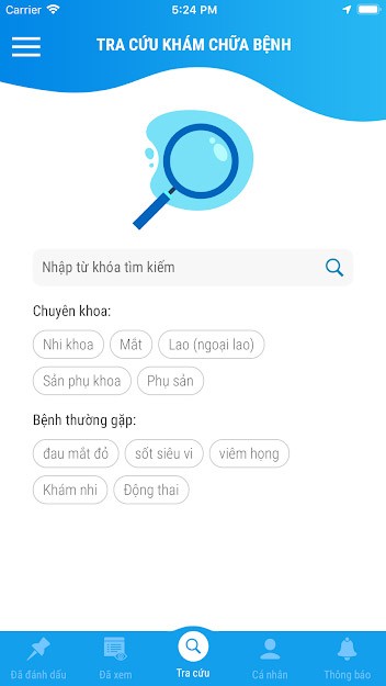 Nhập từ khóa tìm kiếm trên ứng dụng Tra cứu KCB
