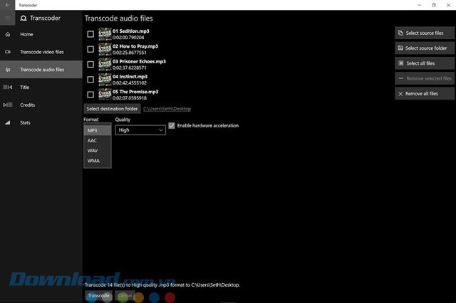 Giao diện ứng dụng Transcoder cho Windows 10