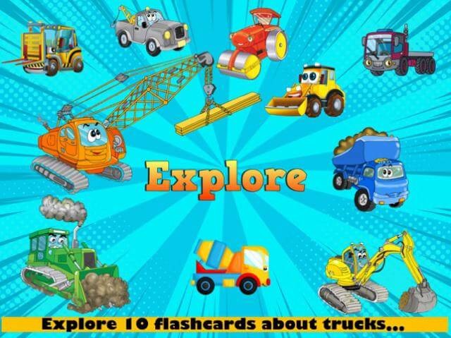 Bé khám phá nhiều phương tiện xây dựng khác nhau trong game Truck Games for Kids Toddlers'