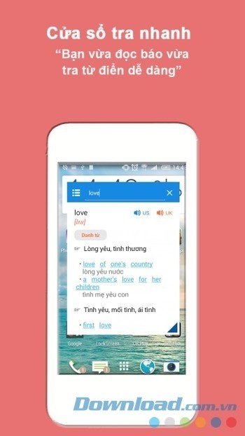 Cho phép mở cửa sổ tra nhanh rất tiện lợi, bạn vừa có thể đọc báo, truyện vừa tra được từ