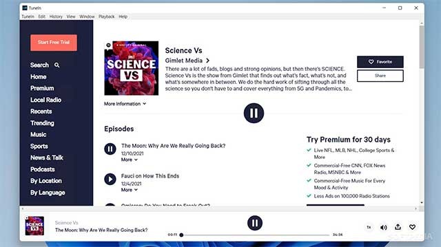 TuneIn là web radio miễn phí với các kênh thuộc nhiều chủ đề đa dạng