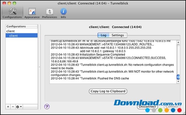 Tunnelblick với giao diện sao chép bản ghi vào clipboard
