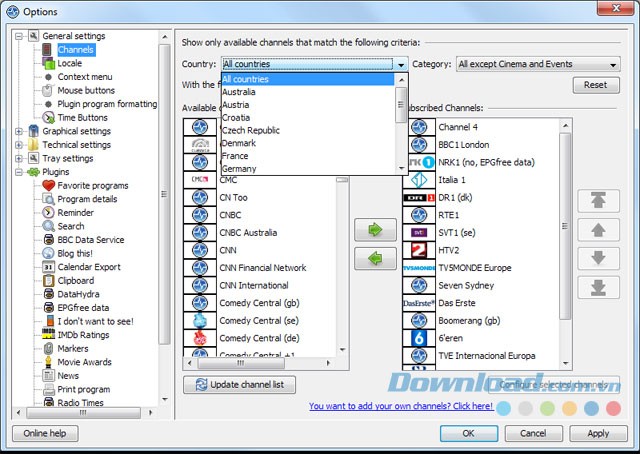 Cấu hình phần mềm TV Browser