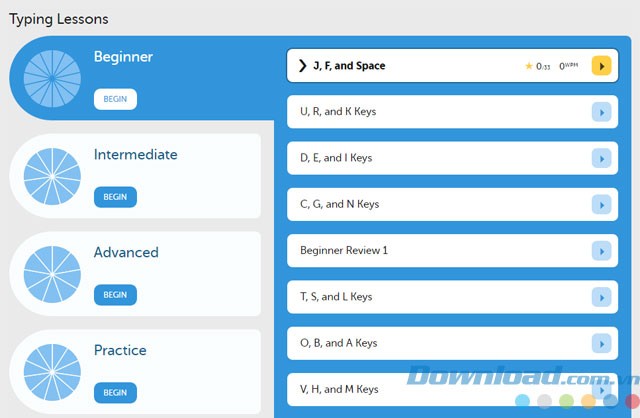 Danh sách bài học trong Typing.com