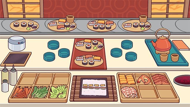 Nâng cấp nhà bếp, mở khóa dụng cụ, nguyên liệu và công thức sushi mới