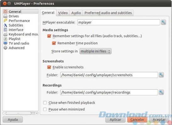 Preferences của UMPlayer cho Linux