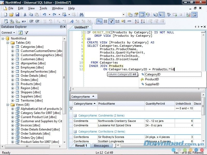 Giao diện làm việc của ứng dụng Universal SQL Editor