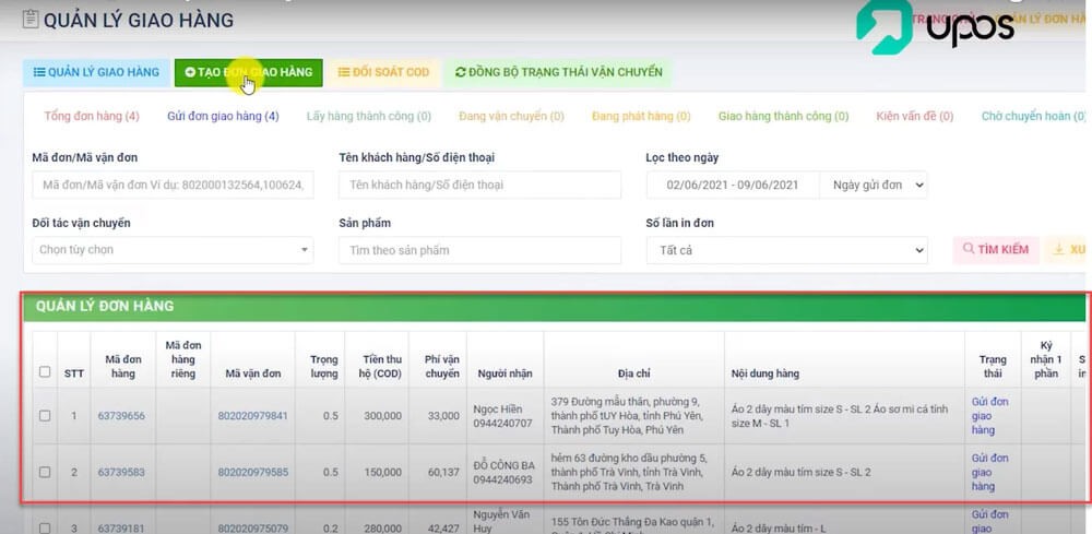 Quản lý giao hàng trên UPOS