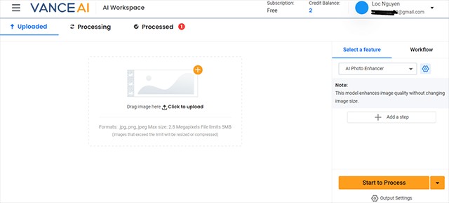 Giao diện chính của phần mềm VanceAI online