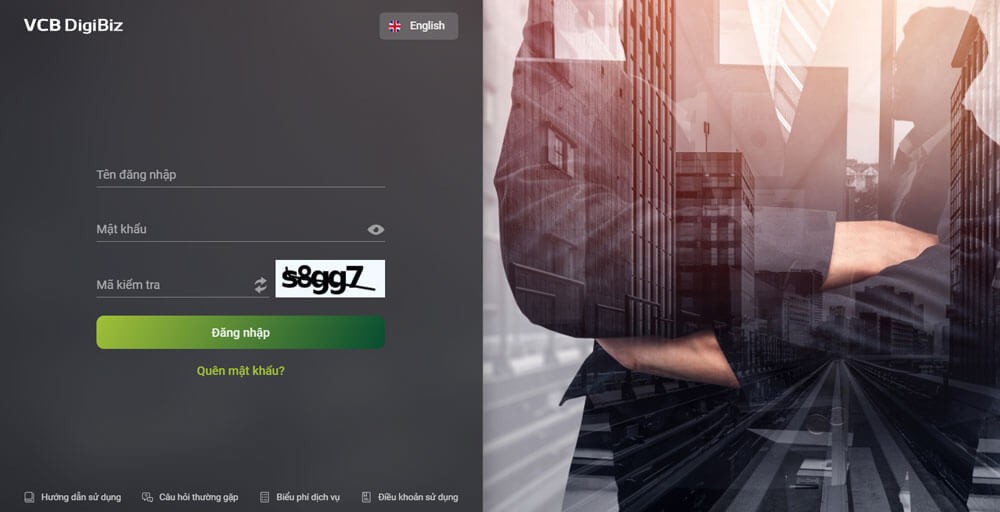 Giao diện đăng nhập tài khoản VCB DigiBiz cho doanh nghiệp