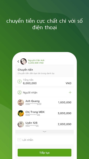 Chuyển tiền tới bạn bè VCBPAY qua số điện thoại