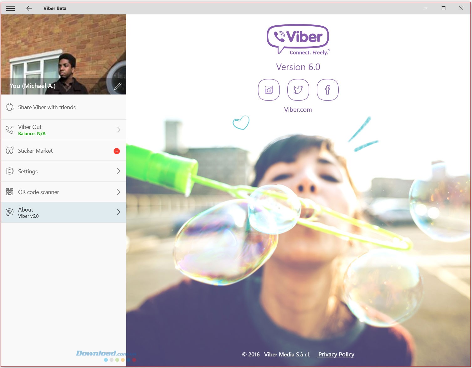 Giao diện ứng dụng chat Viber Beta cho Windows 10