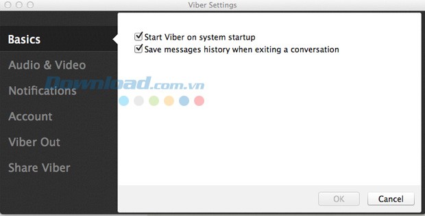 Các cài đặt của Viber