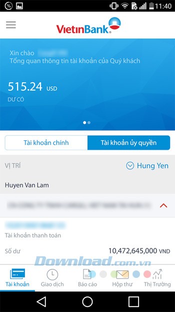 Giao diện chính của VietinBank eFAST