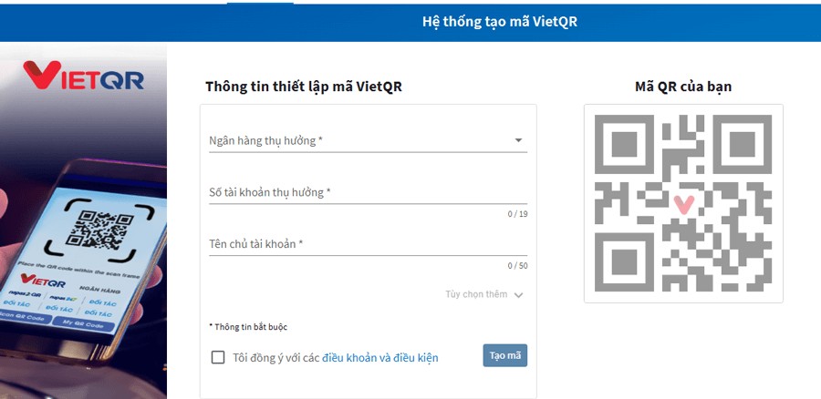 Tạo mã thanh toán, chuyển tiền trên VietQR