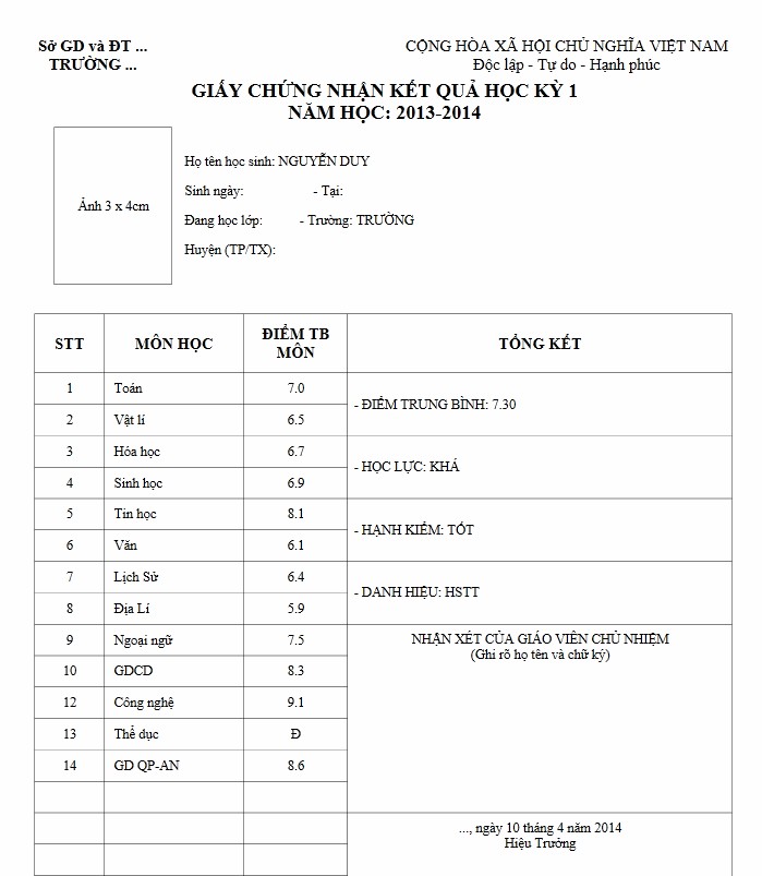 Giấy chứng nhận kết quả học tập