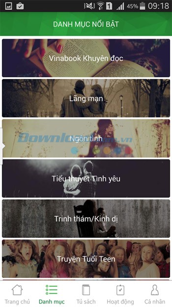 Danh mục nổi bật của ứng dụng Vinabook Reader