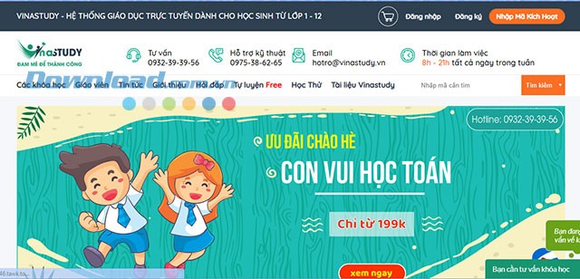 Giao diện trang chủ của Vinastudy