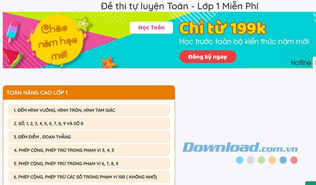 Các bài học trong lớp học miễn phí môn toán lớp 1