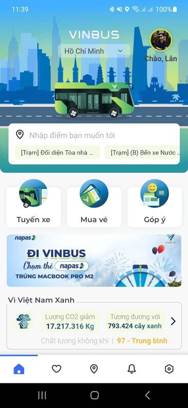 Giao diện chính của app VinBus