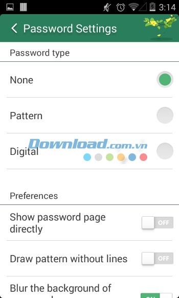 Các tùy chọn thiết lập mật khẩu của VLocker