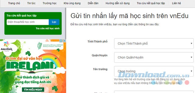 Điền thông tin để lấy mã học sinh trên Sổ liên lạc điện tử VNEdu