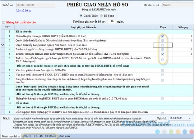 Phiếu giao nhận hồ sơ bảo hiểm xã hội