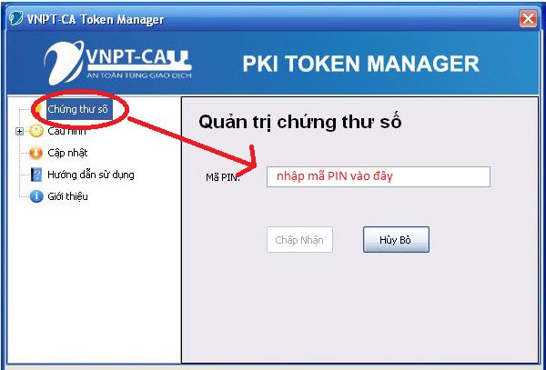 Giao diện nhập mã Pin trên VNPT-CA