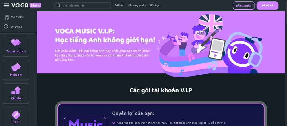 Giao diện trang chủ VOCA Music - Học Tiếng Anh thông qua bài hát