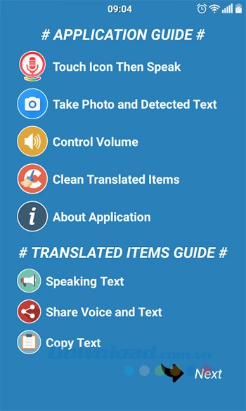 Menu chính của Voice Translator Free