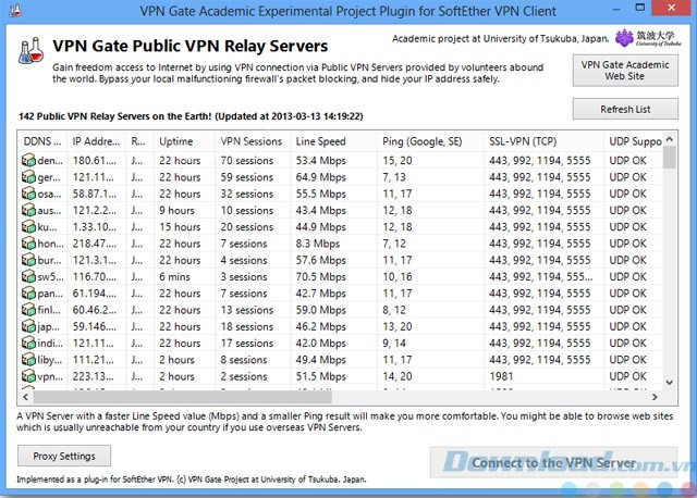 Giao diện của VPN Gate Client Plugin