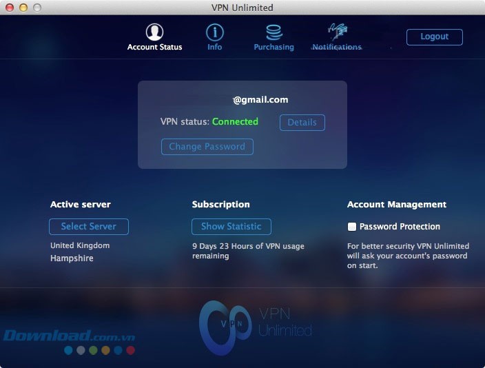 Giao diện phần mềm VPN Unlimited cho Mac