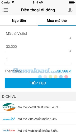 VTC 365 hỗ trợ nạp tiền điện thoại