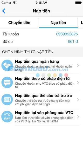 Nạp tiền vào tài khoản VTC365