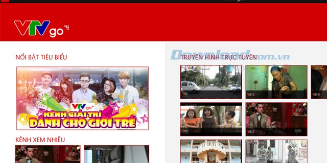 Giao diện chính của ứng dụng xem tivi trực tuyến VTV GO