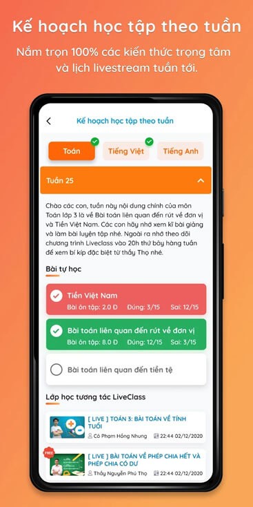 Kế hoạch học tập được chia theo tuần