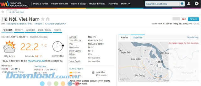 Giao diện ứng dụng Weather Underground