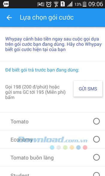 Lựa chọn gói cước đang sử dụng