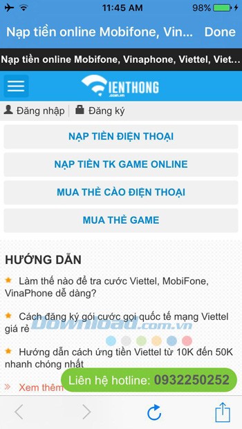 Hỗ trợ nạp tiền điện thoại