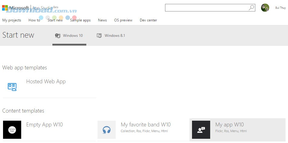 Giao diện của Windows App Studio