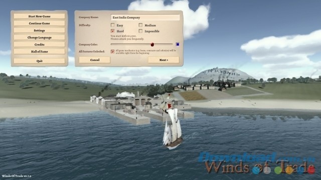 Main menu của game buôn bán tàu Winds Of Trade cho máy tính và Linux