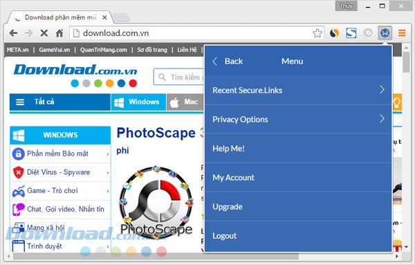 Menu của Windscribe cho Chrome