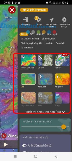 Chọn lớp hiển thị thời tiết phù hợp trong Windy