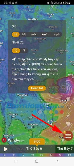 Theo dõi gió trong app Windy